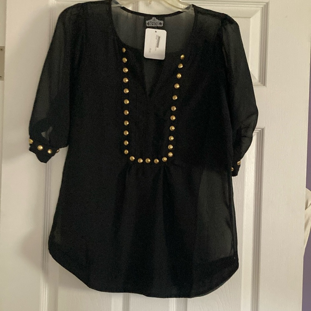 Angie Shirt Sz Medium Black Tunic Sheer Metal Studs